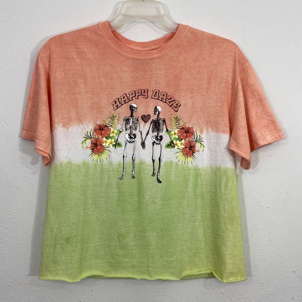 Chic & Cheerful Tie Dye Happy Daze Graphic Top - Orange/Green SzM